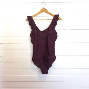 Burgundy ruffle one piece swimsuit